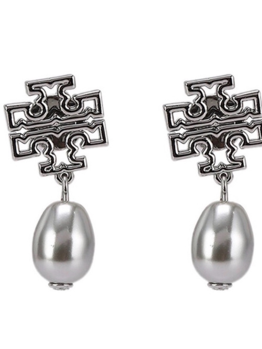 Tory Burch Silver Logo Drop Earrings with Gray Pearls
